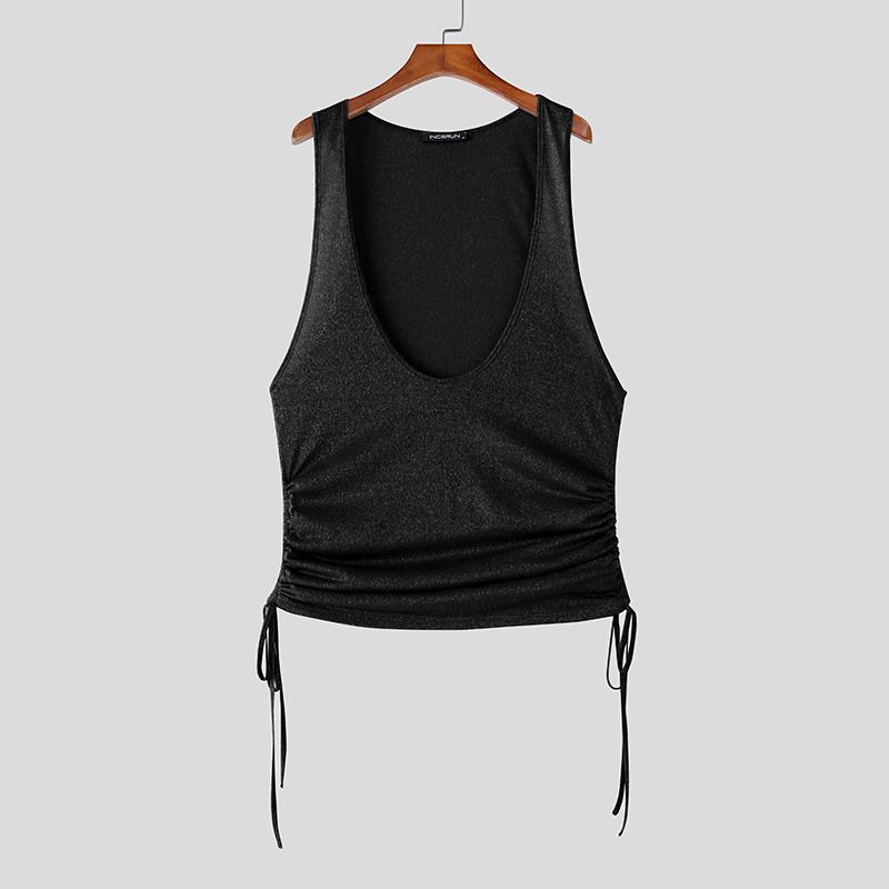 INCERUN Summer Men Deep U Neck Sleeveless Side Drawstring Casual Loose Tank Tops S чёрный
