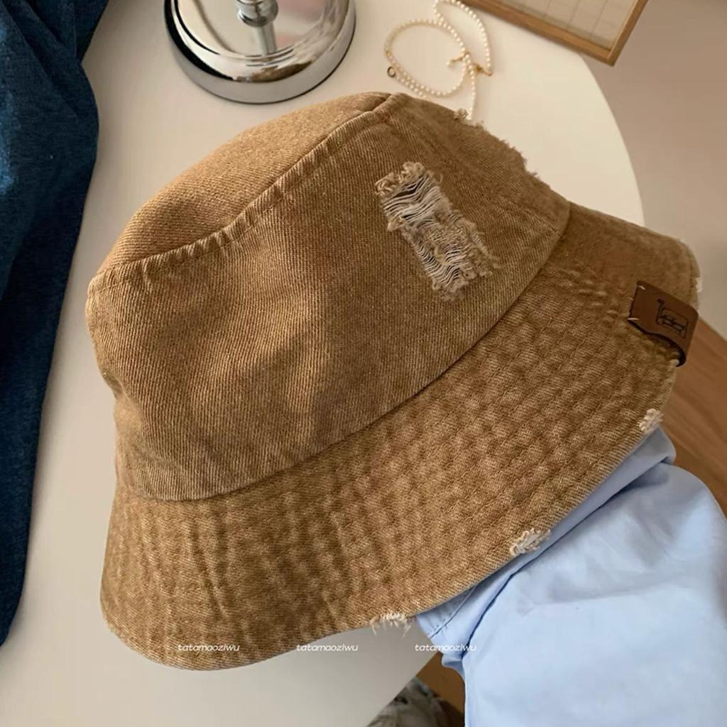 Retro washed denim bucket hat women's spring summer new broken hole old street trend basin hat