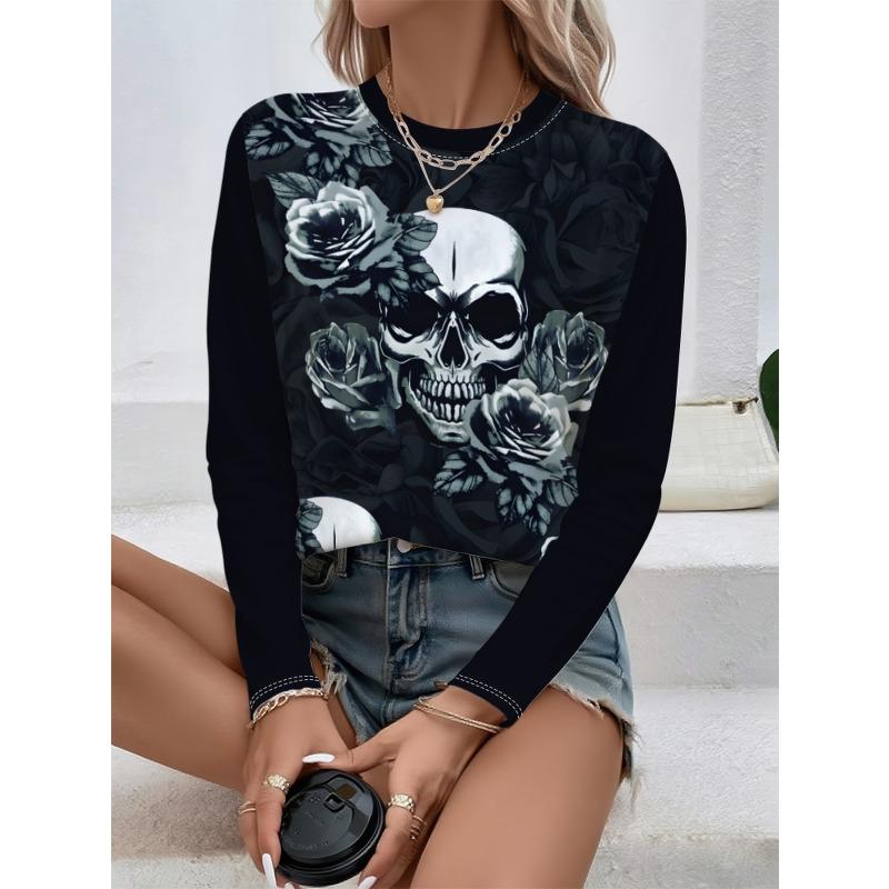 Round Neck 3D Skull Printed Top Casual Long Sleeved Women's T-shirts - Soft Medium Stretch Polyester Fabric Spring and Autumn Relaxed Fit Clothing