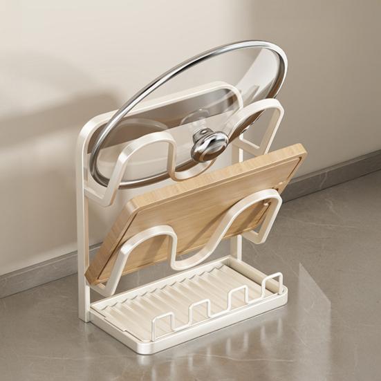 Pot Lid Storage Rack Pot Lid Holder with Spoon Rest While Cooking Carbon Steel Pan Lid Organizer with Removable Drip Tray for Kitchen Cabinets