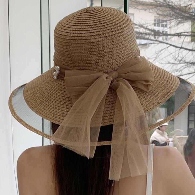 Pearl Decorated Straw Hat Women's Summer Outdoor Beach Visor French Casual Sunscreen Big Eaves Hat