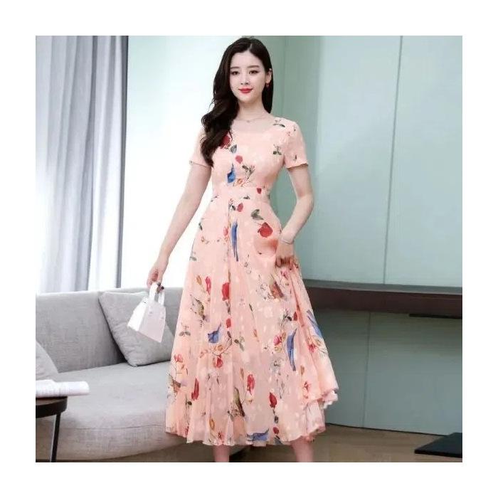 Short-sleeved Printed Ice Silk Dress Temperament 2026 Summer Women's Clothing New Fashion and Thin Floral Medium and Long Dress Age Reduction