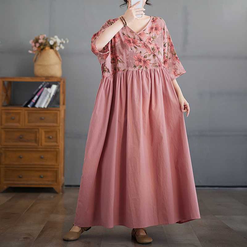 Cotton and Linen Summer Patchwork Retro Style Dress Long Skirt