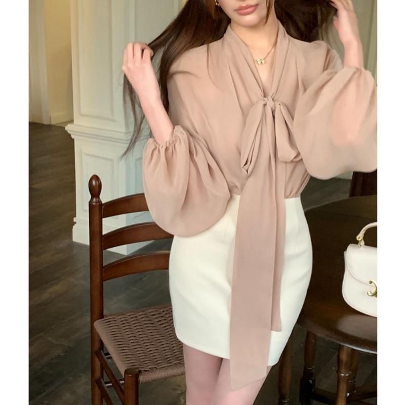 Frühling Neue Fliege Elegante Casual Shirts Frauen Sommer Laterne Ärmel Tops Temperament V-ausschnitt frauen Blusen Mode Dünne Damen Chiffon Hemd 26420