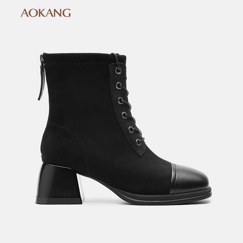 Aokang Women s Square Toe Patchwork Knight Ankle Boots 36