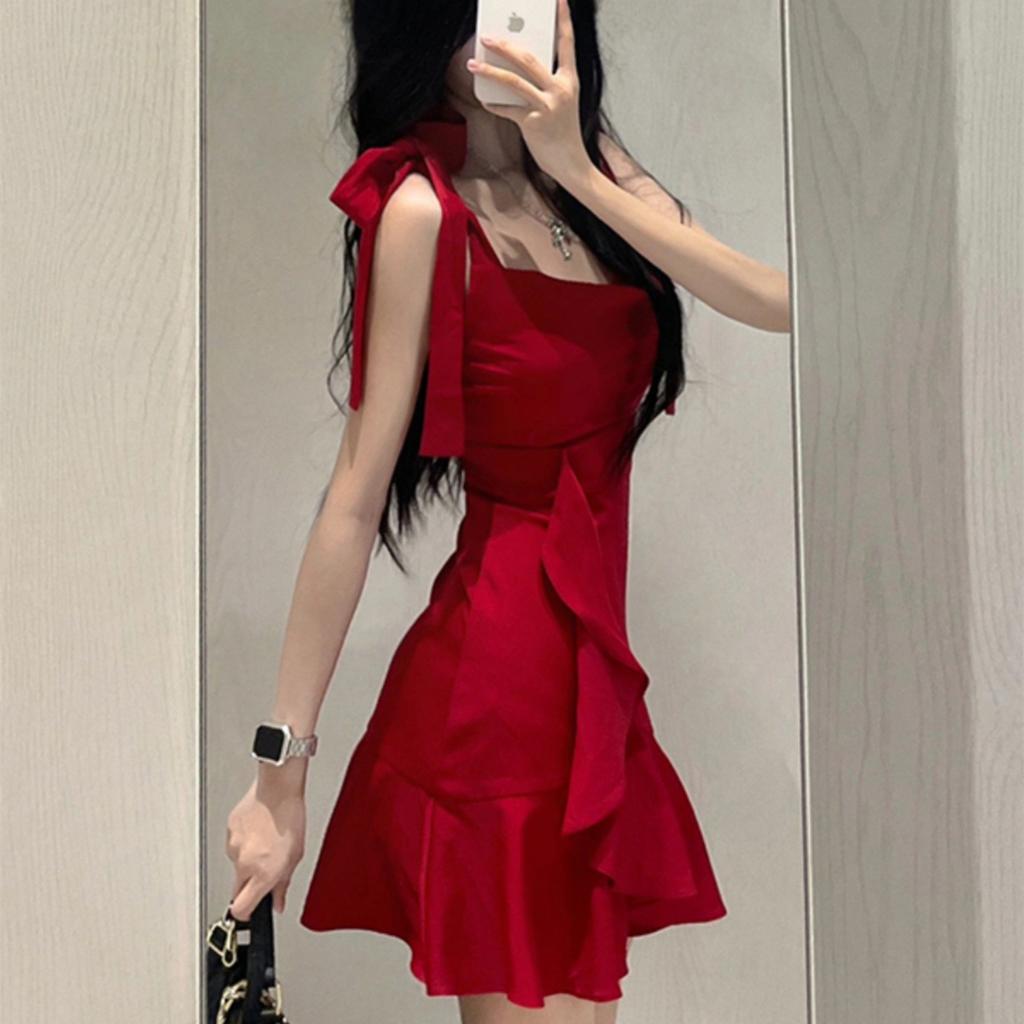 Pure desire style Spice girl red suspender dress women's summer new design sense niche temperament waist and thin short skirt