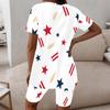 Women Plus Size Round Neck Short Sleeve Red White Blue Printed Longline Top Fitted Shorts Two Piece Set