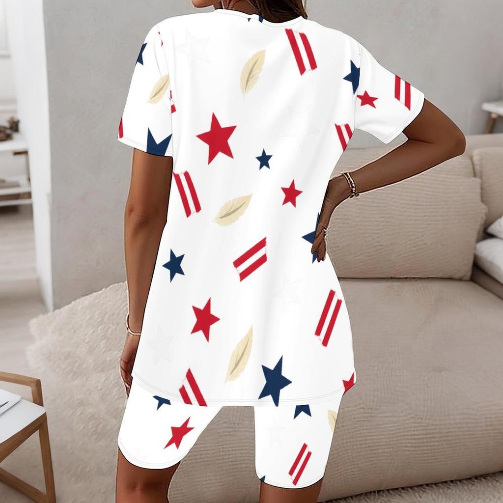 Women Plus Size Round Neck Short Sleeve Red White Blue Printed Longline Top Fitted Shorts Two Piece Set