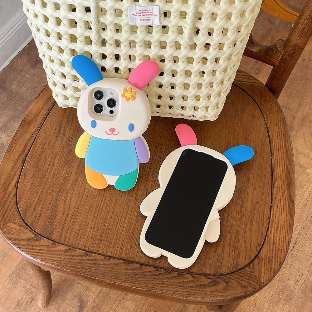 Japan Ins Kawaii 3D Cartoon Rainbow Bunny Rabbit Soft Silicon Phone Case Shockproof Cover for iPhone 16 15 14 Plus 13 12 Pro Max
