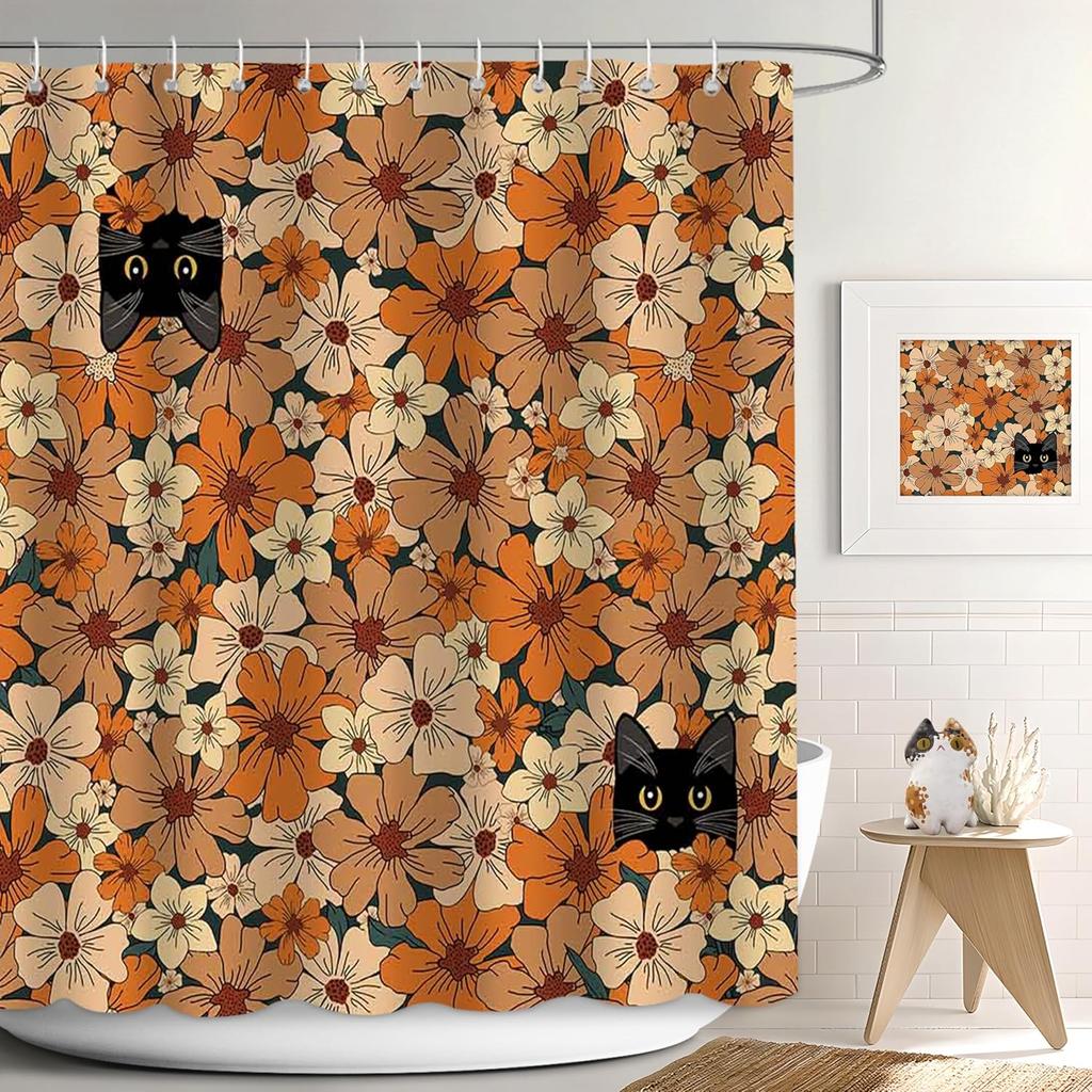 Cute Cat Shower Curtain for Bathroom Decor, Funny Bathroom Curtain Set, Cat Lovers Cute Cartoon Colorful Waterproof Fabric