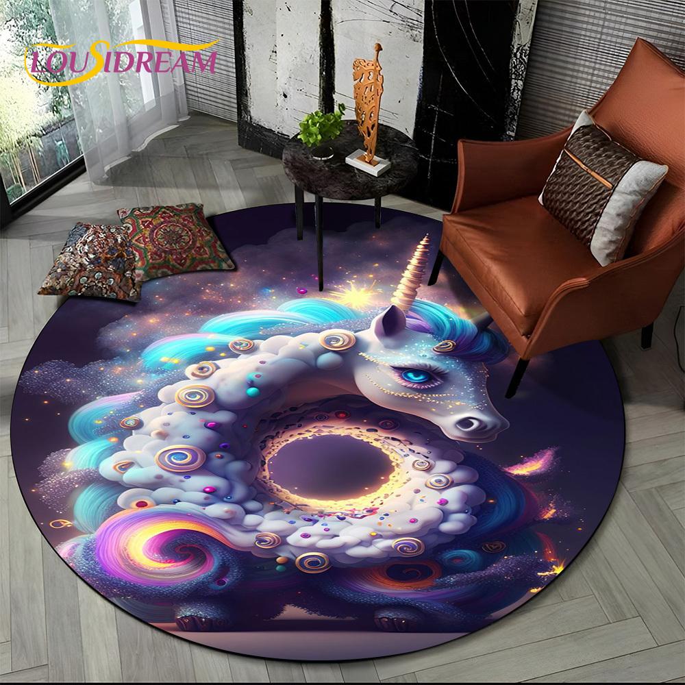3D Cute Unicorn Cartoon Girl Gift Round Carpet Rug for Living Room Bedroom Child Playroom Decor,Pet Area Rug Non-slip Floor Mat