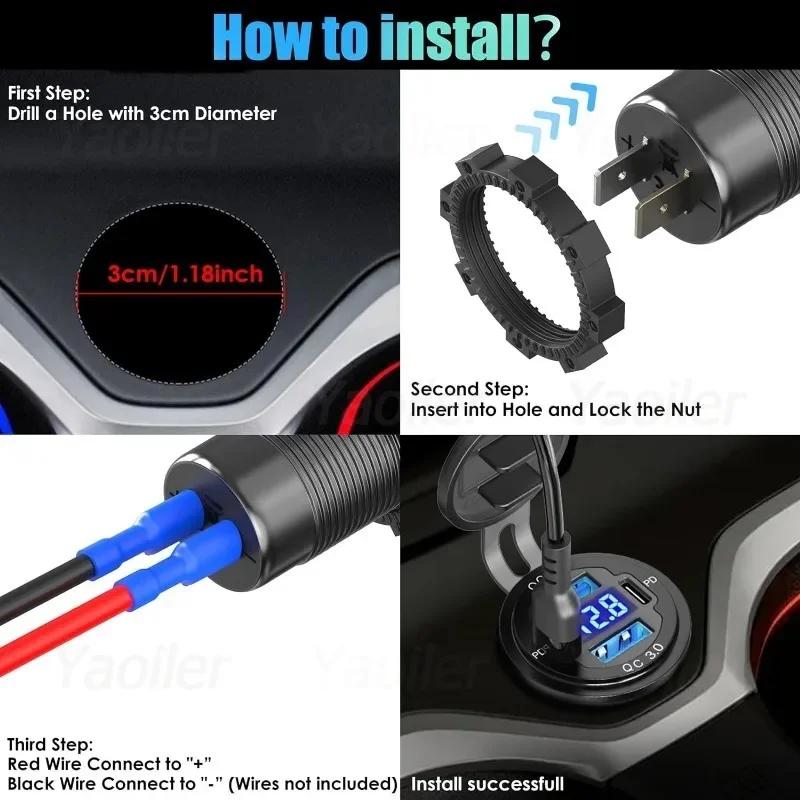 12V USB C Charger Outlet Aluminum Car Charger Socket Dual PD and Dual QC3.0 Car USB Port for Boat Marine Truck RV Motorcycle