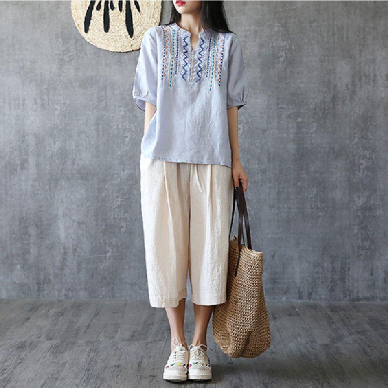 Plus Size M-3XL Cotton Linen Summer Women T-shirt Blouse Vintage Print Chinese Style Female Embroidered Casual Tops