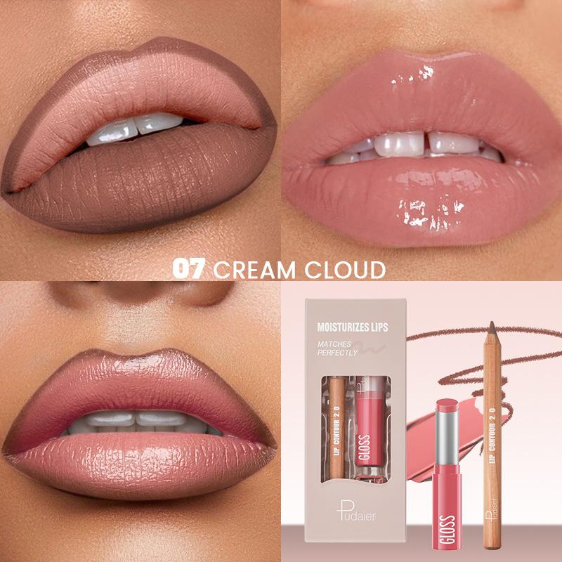 2 ks Sady kombinací tužky na rty, lesku na rty a rtěnky, efekt vodního světla s vysokým leskem, lesklá želé pevná rtěnka a matná konturovací tužka na rty pro konturovací make-up