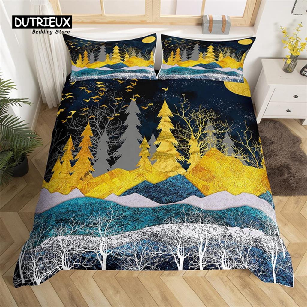 Abstract Mountain Duvet Cover Natural Scenery Art King Bedding Set For Nature Lover Gift Woodland Hiking Adventure Quilt Cover