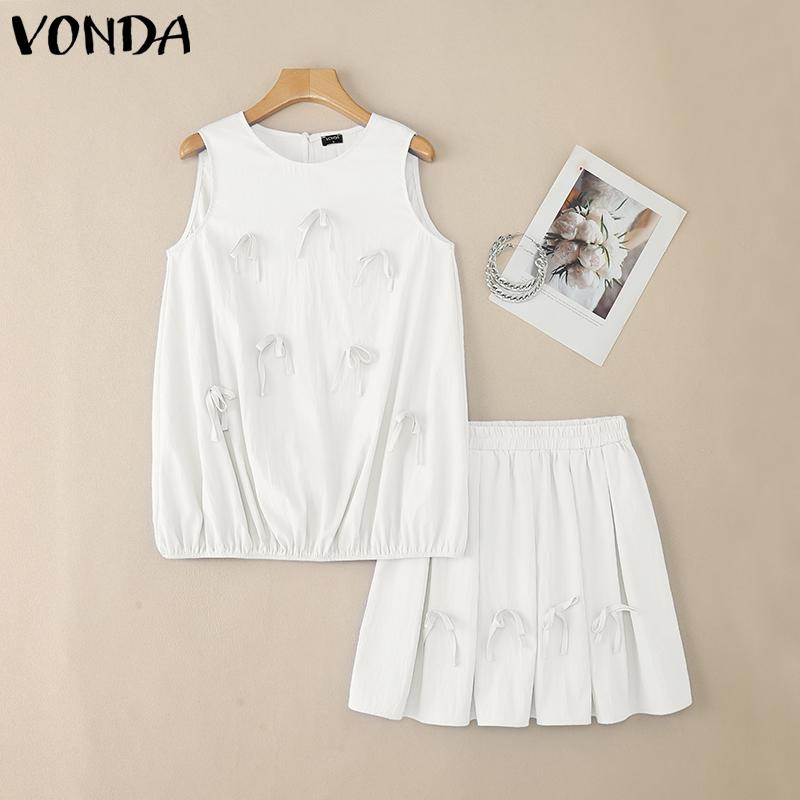 

VONDA Summer Sets Women Puff Sleeve Bow Ruffled Tank Tops and A-line Mini Skirts Outfits L