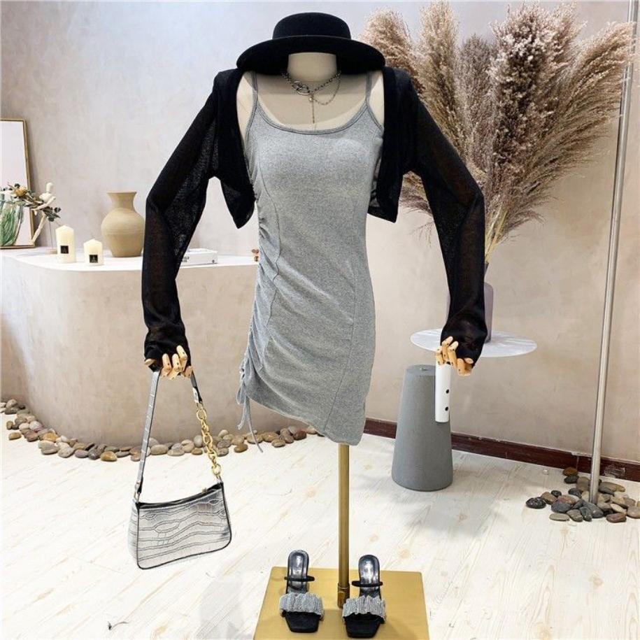 WTEMPO Letni damski kardigan w kolorze lodowego jedwabiu ze spódnicą z szelkami i krótką bluzką narzuconą na cienki płaszcz szalowy