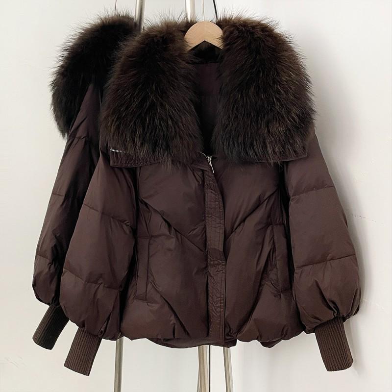 Womens Winter Duck Down Coat With Removable Raccoon Fur Collar Knit Sleeve Thick Warm Short Puffer Jacket