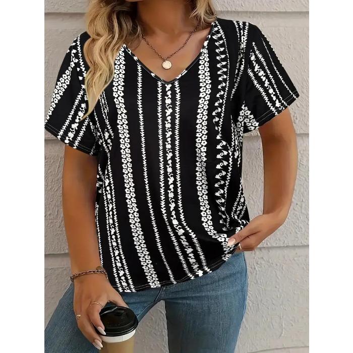 Summer V-neck 3D Color Blocking Printed Top Fashionable Casual Short Sleeved Women's T-shirts