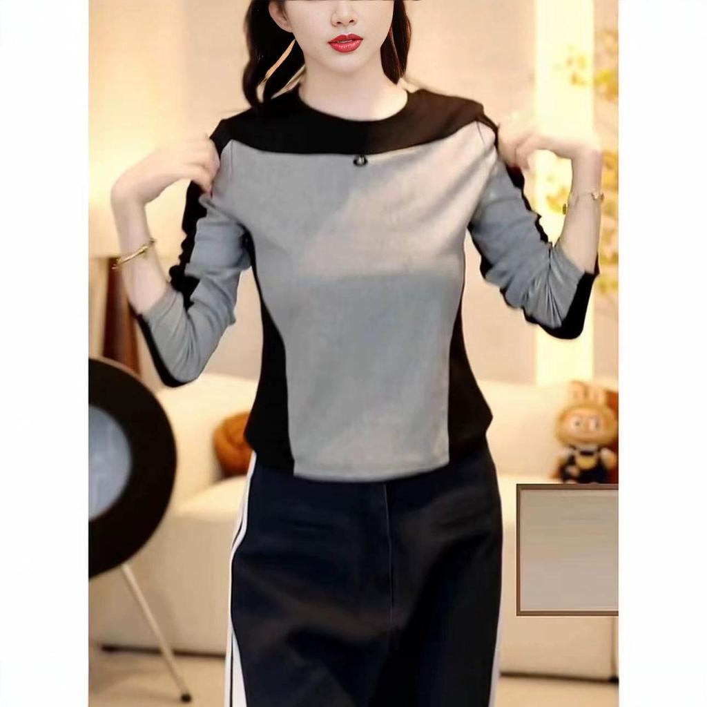 Autumn/Winter 2025 Women's Colorblock Slim Fit Long Sleeve T-Shirt