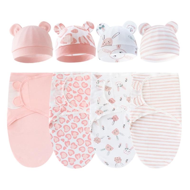 4 Set Baby Swaddles Wrap Blanket with Bonnet Hat Sleeping Bag Anti Kick Blanket Swaddles for Toddler 0-12 Months