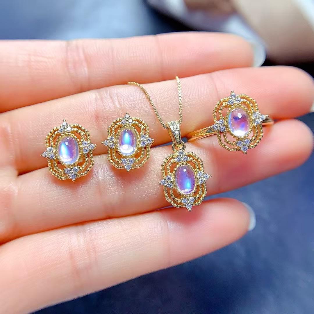 

Natural Blue Moonstone 925 Inlaid Women s Jewelry Set Ring