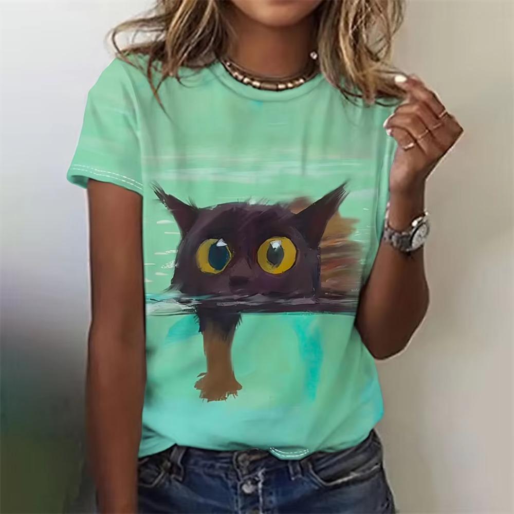Koszulka z zabawnym kotem drukowana w 3D dla kobiet Urocze koszulki z wzorem zwierzęcia domowego Letnie codzienne koszulki z krótkim rękawem Oversize T-shirty z dekoltem O