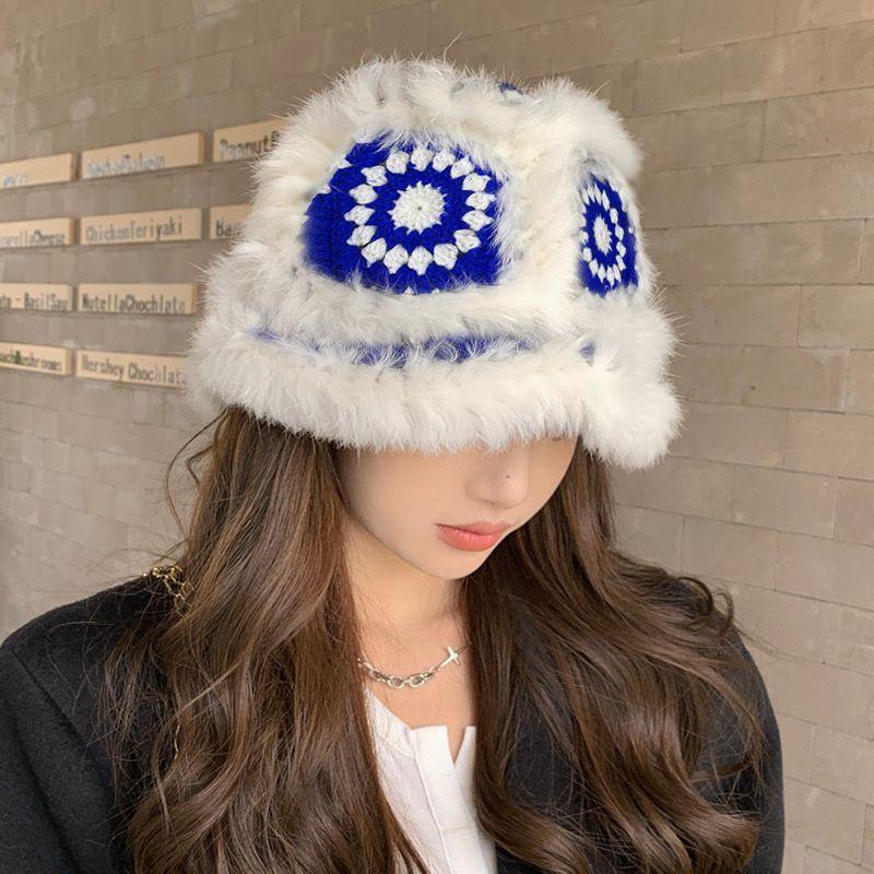 Rabbit Hat Women's Autumn and Winter New Tiger Head Lion Hat Fashion Warm Bucket Hat Fluff Woven Fur Hat