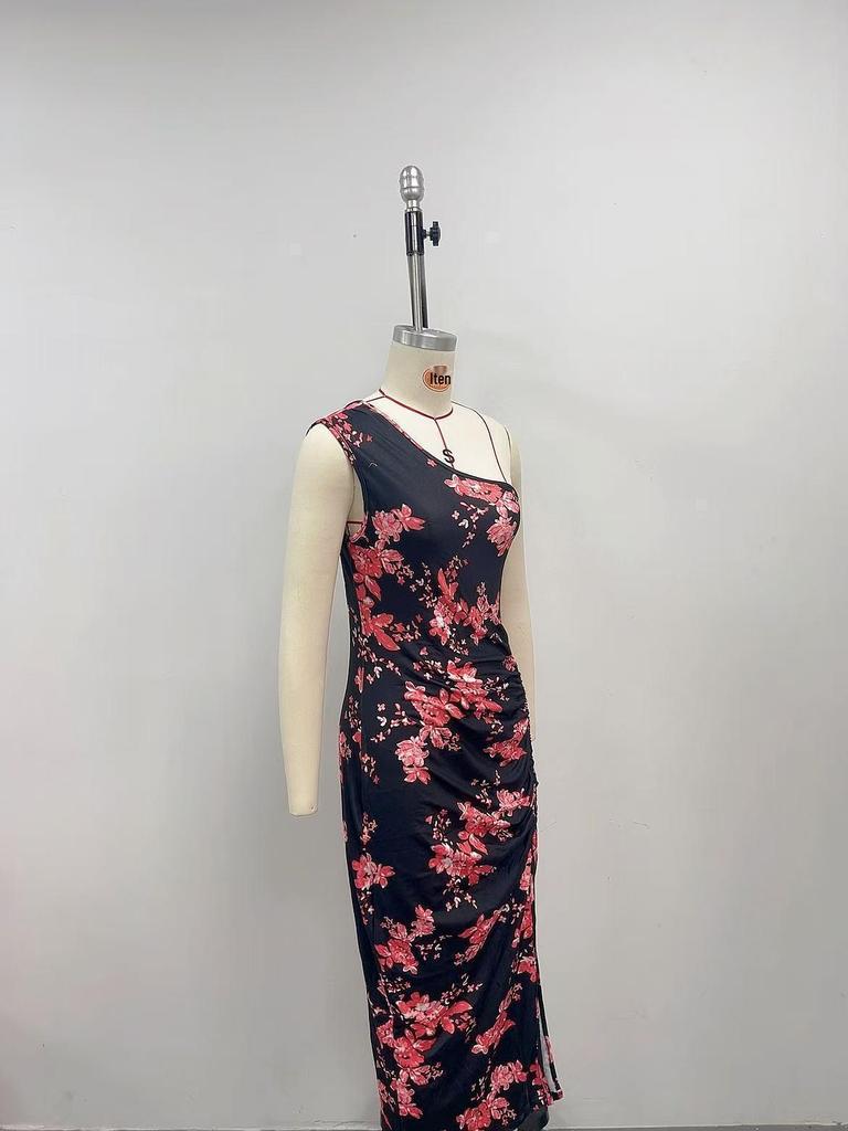 2025 European-American One-Shoulder Bodycon Maxi Dress with High Slit and Summer Print