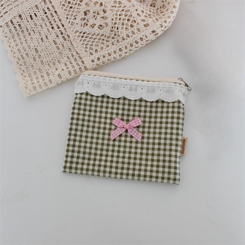 Ins Cute Plaid Coin Purse Sweet Lace Storage Bag Sanitary Napkin Bag High-value Lipstick Cosmetic Bag