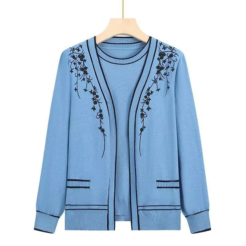 

Осенний женский вязаный комплект из двух предметов Женский вязаный кардиган с принтом Вязаный комплект из двух предметов с коротким рукавом и круглым вырезом 2XL синий