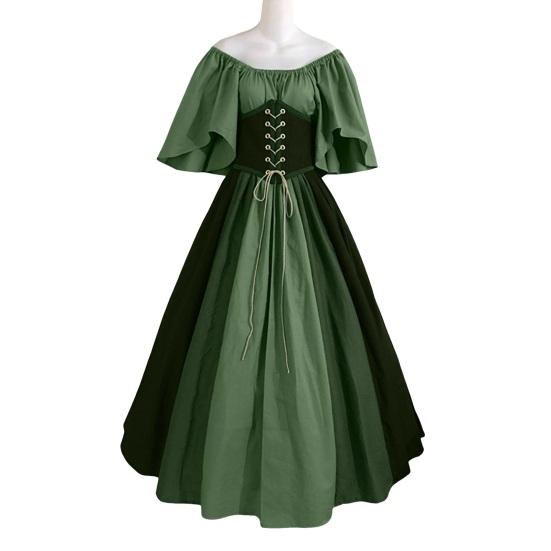 Vinatge Damenkleid Kontrastfarbe Schmale Taille A-Linie Großer Saum Flatterärmel Plissee Schnürband Mittelalterlich Halloween