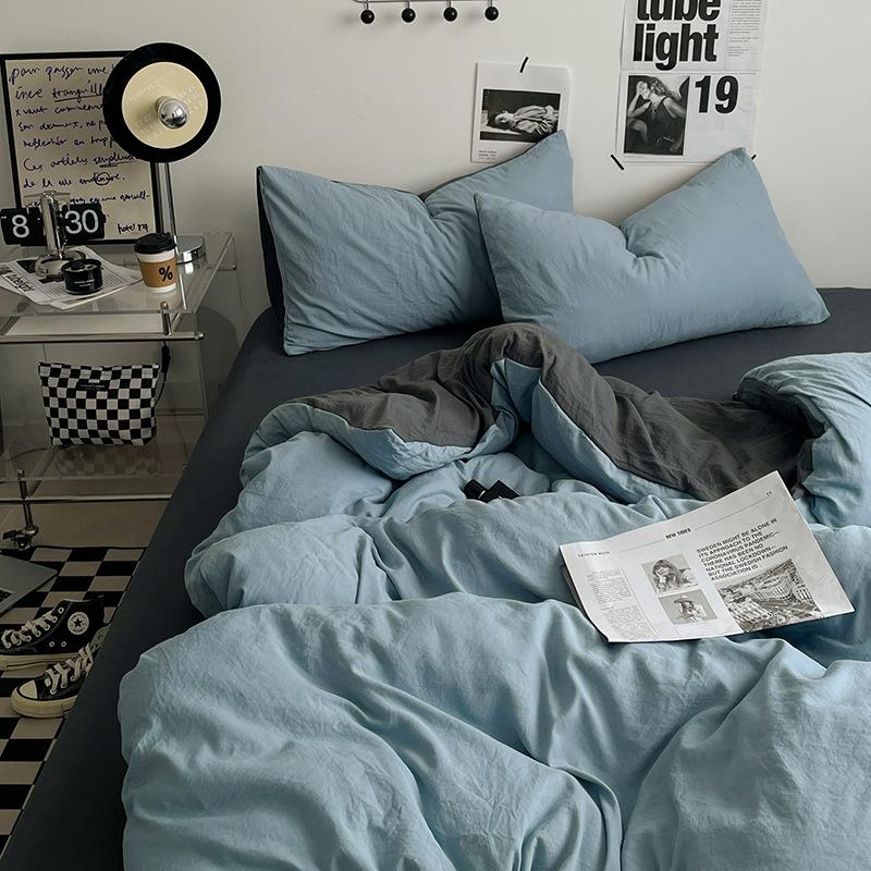 Bed Sheet Quilt Cover Nude Sleeping Pure Cotton Four-piece Set Washed Cotton Soft Bed Sheet Quilt Cover Solid Color Bedding