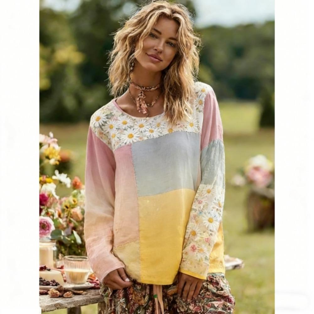 Spring Women's T-shirt Europe America Fashion Floral Print Pullover Bohe Style Women Long Sleeve T-shirt Outdoor Casual Tees Top