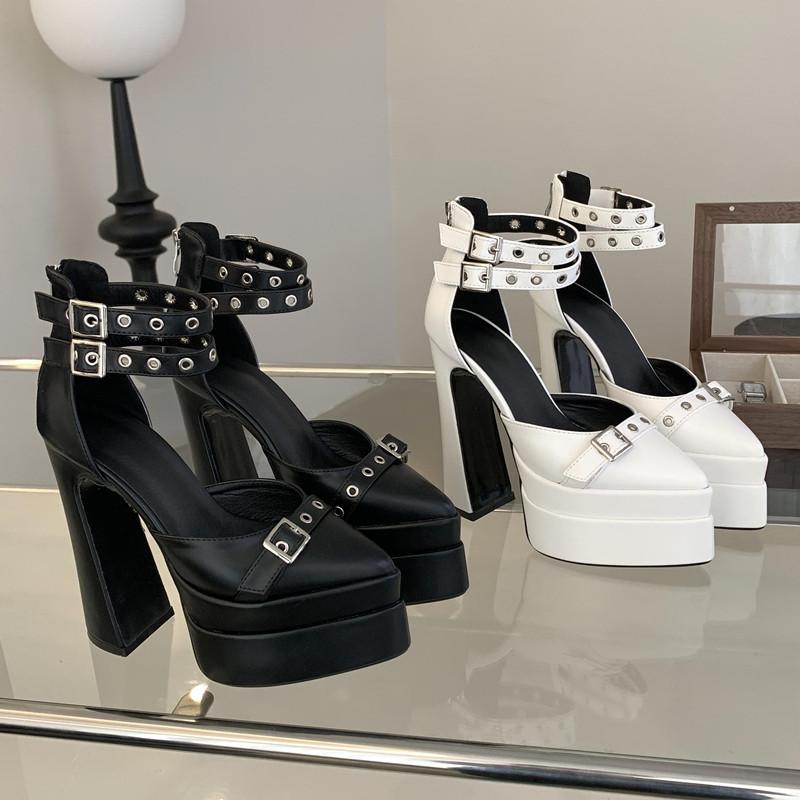 Fashion Runway style 15cm Ultra High heels Platform Wedges Women Pumps Fashion Rivet Ankle Strap Thick Heeled Spring Summer Chunky Shoes