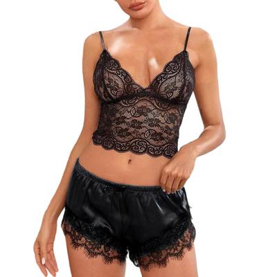 Women Pajama Set Lace Pajama Top Satin Shorts with Black Silk Bow And Lace