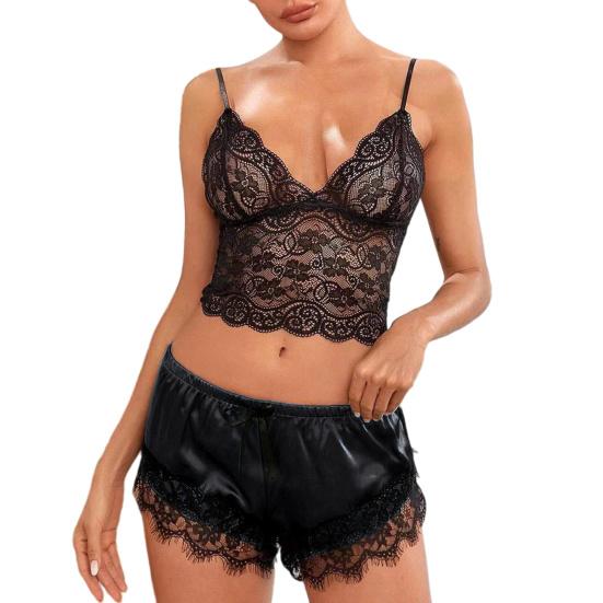 Women Pajama Set Lace Pajama Top Satin Shorts with Black Silk Bow And Lace Trim Sexy Lace Camisole Set for Women Home Sleepwear Gift