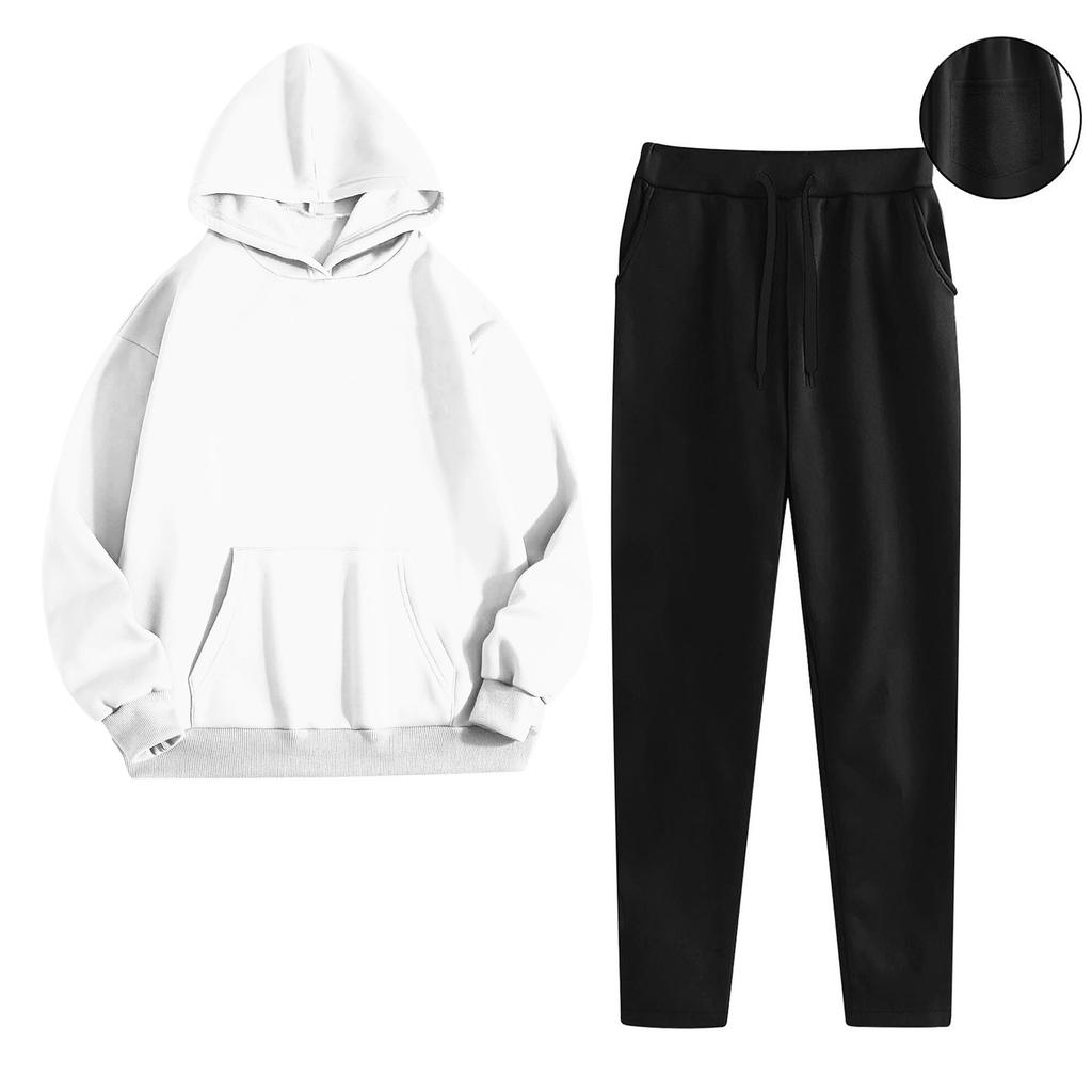 Women's Fashionable Relaxed-Fit Hooded Sweatshirt With Pockets And Fleece-Lined Trousers Set