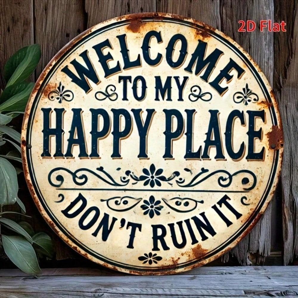 Vintage Style Happy Place Round Metal Sign Wall Art Home Decor Gift
