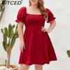 BITCED Plus Size Solid Color Casual Resort Dress Travel Square Neckline Ruffled Puff Sleeve Dress