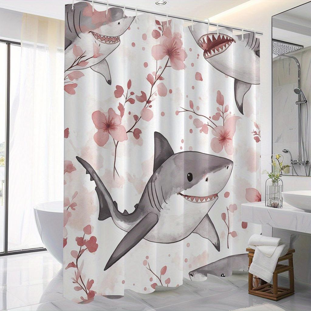 1pc Shark & Floral Shower Curtain - Polyester, 71x71", 12 Hooks, Machine Washable, Modern Design