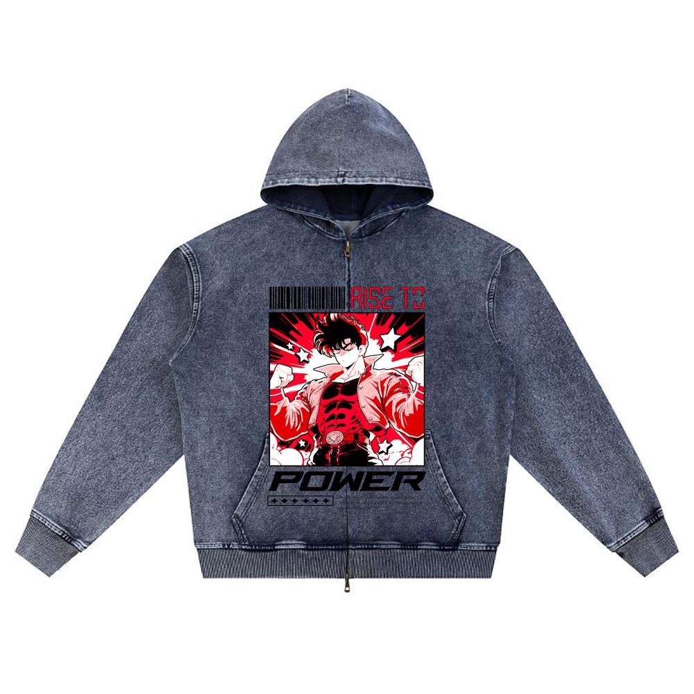 

DTG print Knitted Denim Zip-Up Hoodie Power Anime Boy Brother Print Zipper Hoodies XL темно-синий