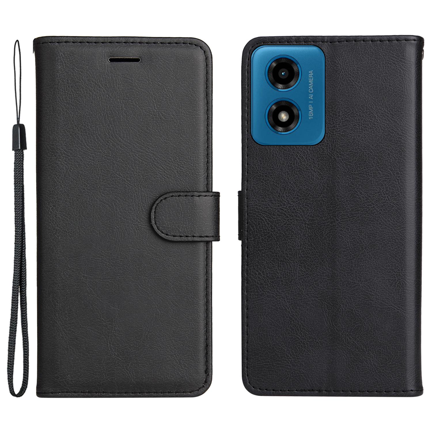 

For Motorola Moto E14 4G/G04 4G/G04s 4G/G24 4G Case Solid Color Leather Mobile Cover Wallet Stand with Strap Black