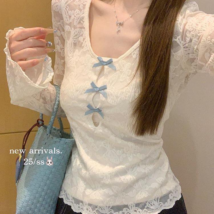 

Chic White Lace Bow Cutout T-Shirt for Early Autumn L (100-115 jin)