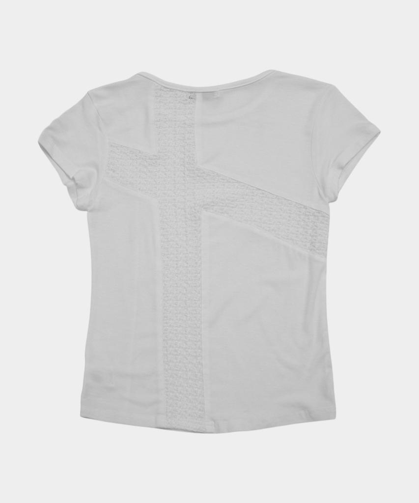 PLACE STUDIO Back Cross Lace Contrast Basic Semi-Crop Women'S Short Sleeve T-Shirt [White]