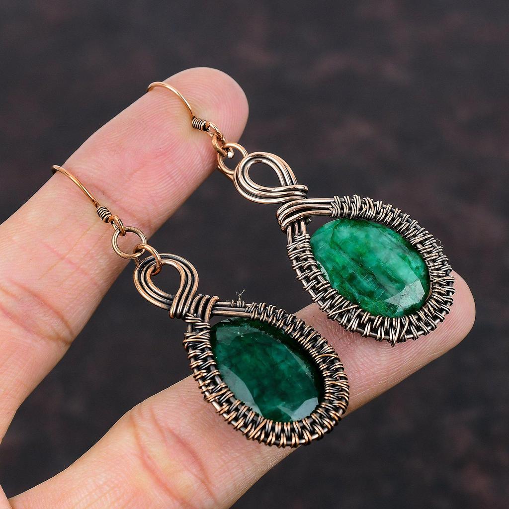 Faceted Zambian Emerald Earring Copper Wire Wrapped Earrings Gemstone Handmade Earrings Unique Copper Jewelry Wedding Gift Wire Wrap Jewelry
