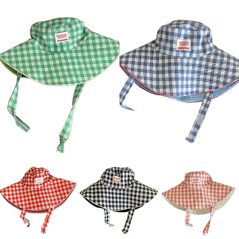 Women Sun Hat Sweet Plaid Wide Edge Fisherman Hat Outdoor Sun Protection Hat Travel Lace Up Hiking Large Brim Beach 5 Colors