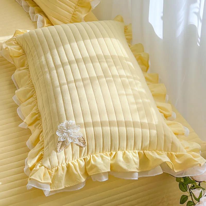 Koreaanse versie Lotusbladrand Katoen Effen Kleur Kussensloop Prinses Stijl Kant Kant Kussen Kernhoes 48 * 74 cm