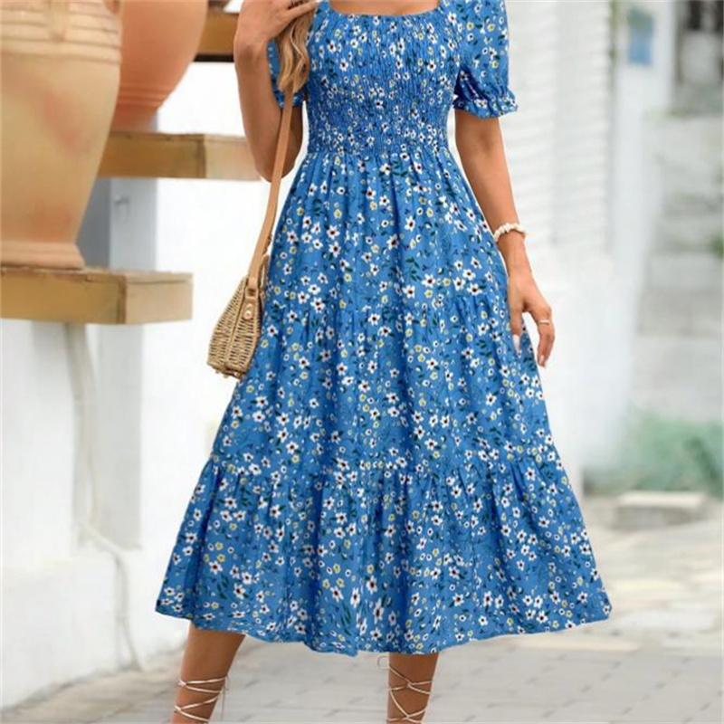 Women's Square Collar Waist Printed Dress S-XXXL