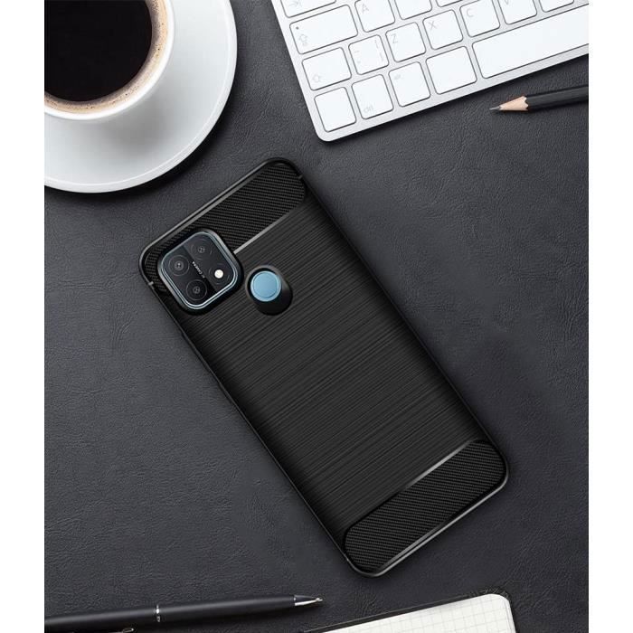 Coque de Protection - E.F.CONNECTION - OPPO A15 - Silicone Noir - Traits Acier - Verre Trempé